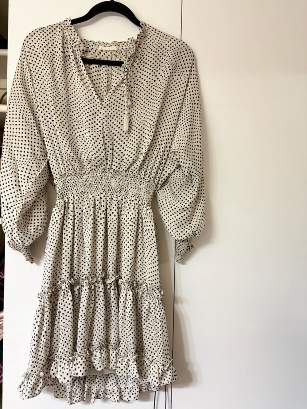 lovestitch Cream Polka Dot Long Sleeve Smocked Mini Dress - Picture 3 of 7